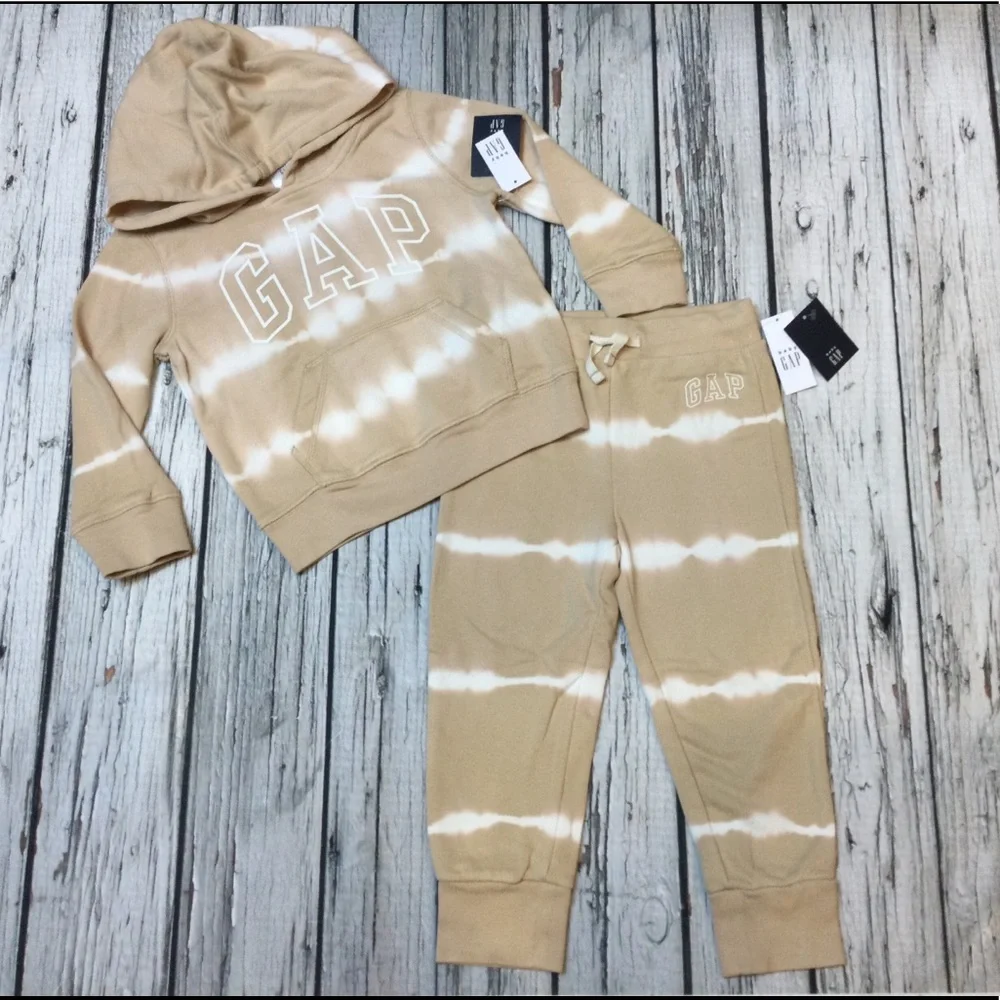 Gap Boys 3T 4T 5T Tan Brown & White Hoodie Sweatshirt & Sweatpants Outfit NWT - Picture 1 of 4
